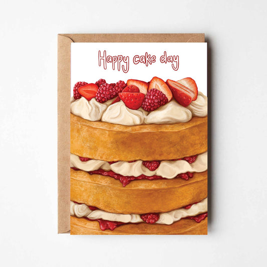 Greeting card with a cake illustration and 'Happy cake day' text on a white background