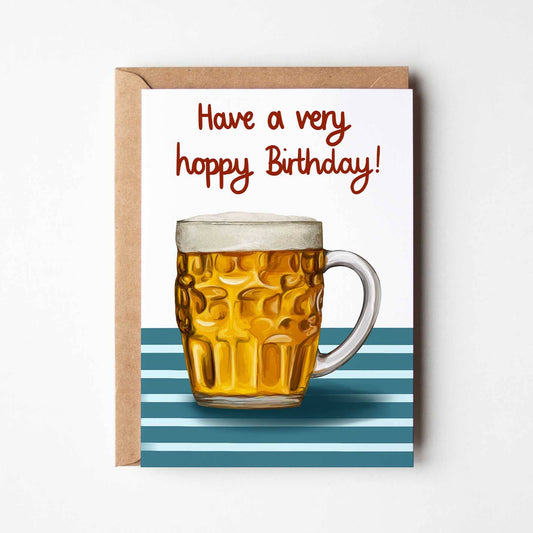 Greeting card with a beer mug and 'Have a very hoppy Birthday!' text on a white background