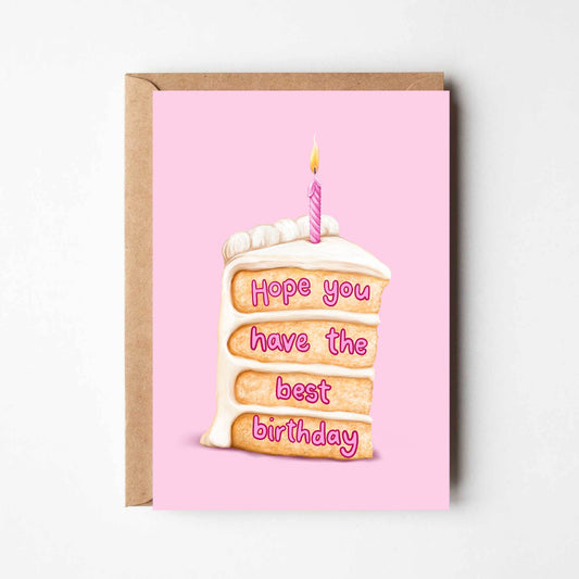 Birthday card with a cake illustration and a candle on a pink background