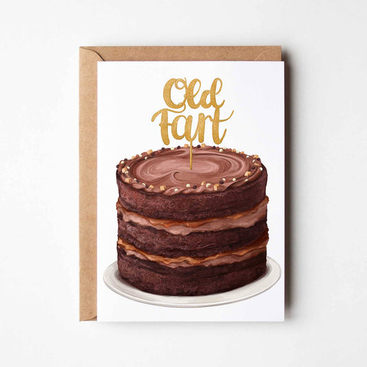 Greeting card with a chocolate cake illustration and 'Old Fart' topper on a white background.