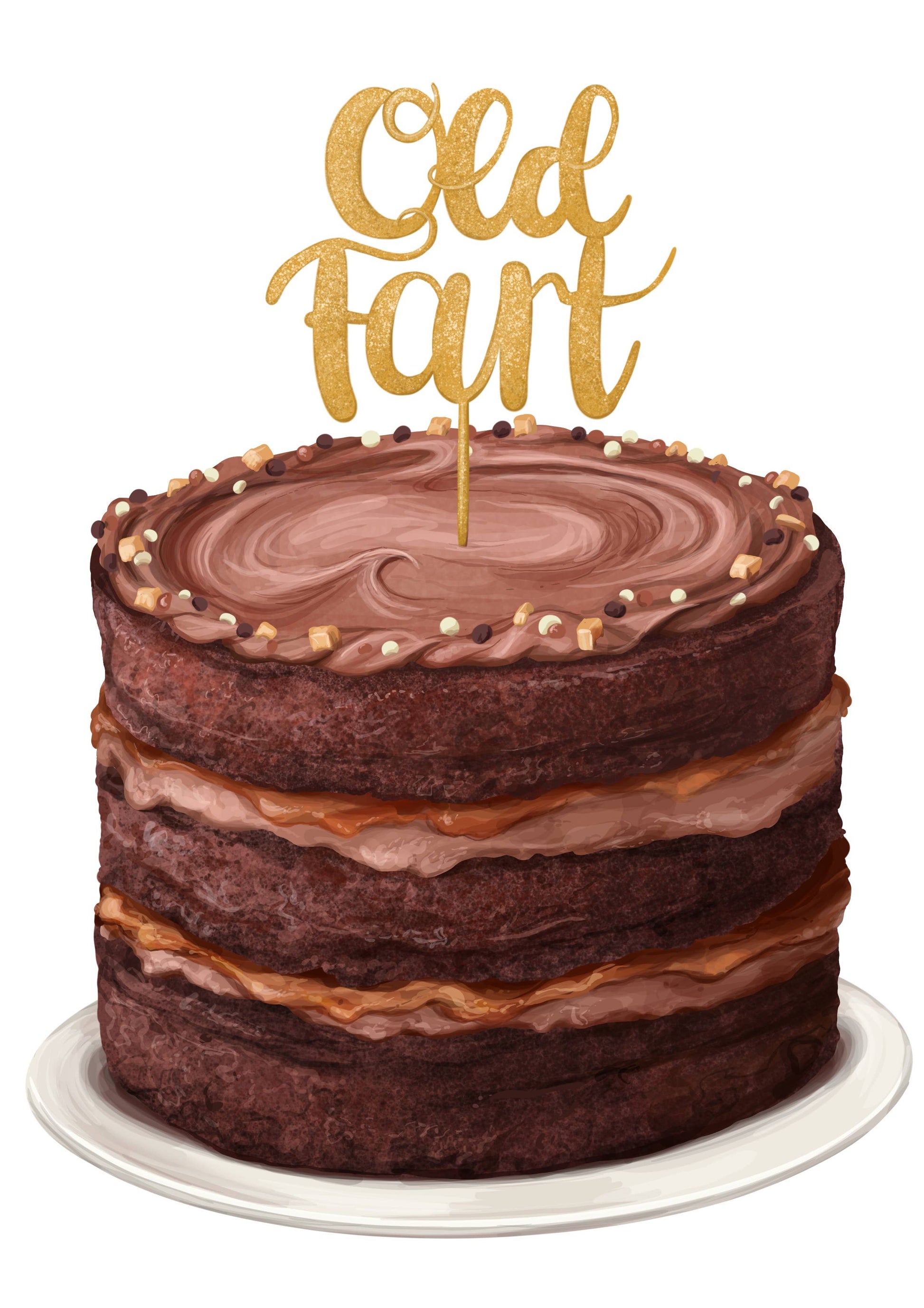 Chocolate cake with 'Old Fart' topper on a white background