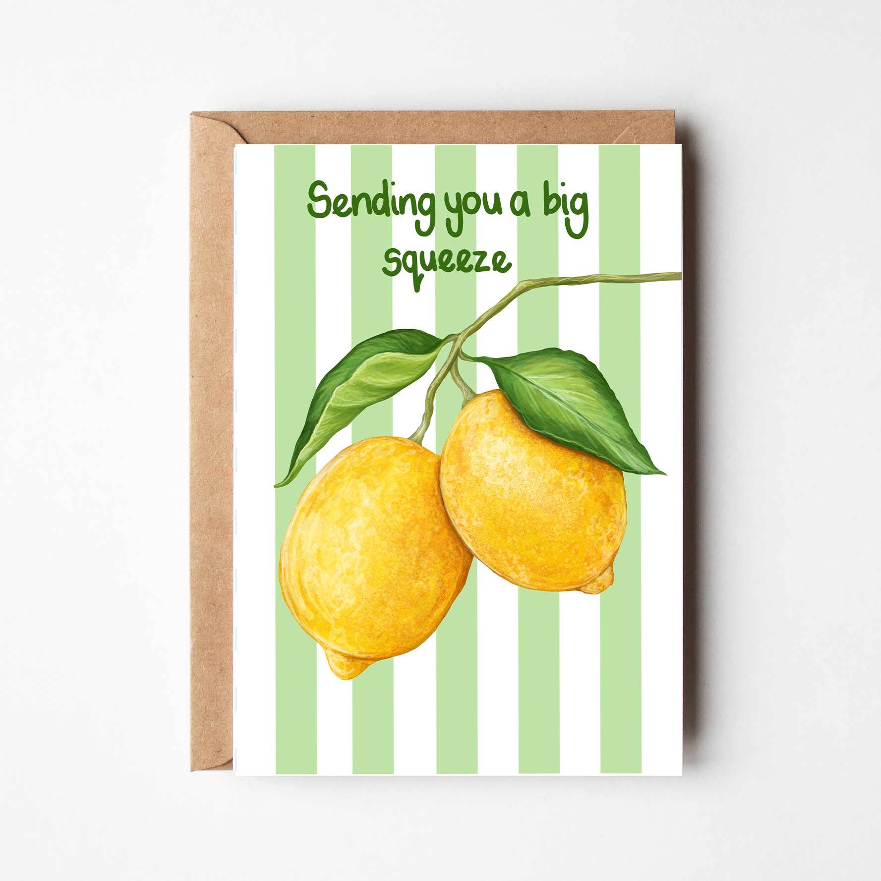 Greeting card with lemons and 'Sending you a big squeeze' text on a striped background