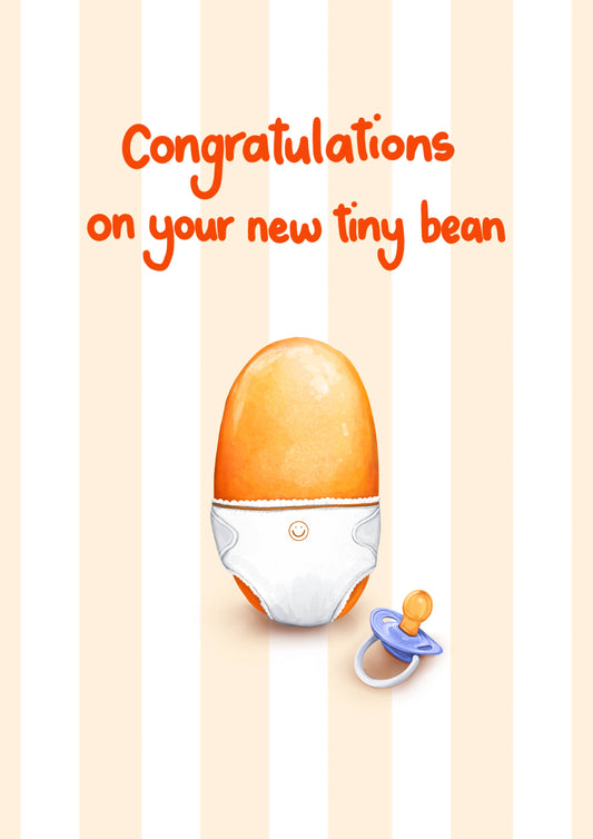 Newborn baby shower card with orange baby bottle and pacifier on a striped background