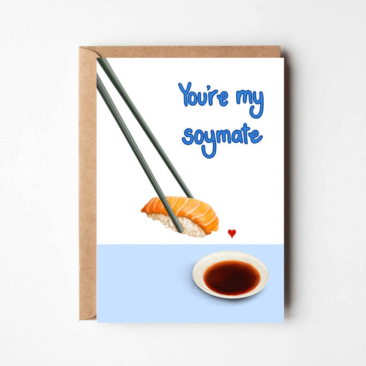 Greeting card with sushi, chopsticks, and soy sauce on a white background