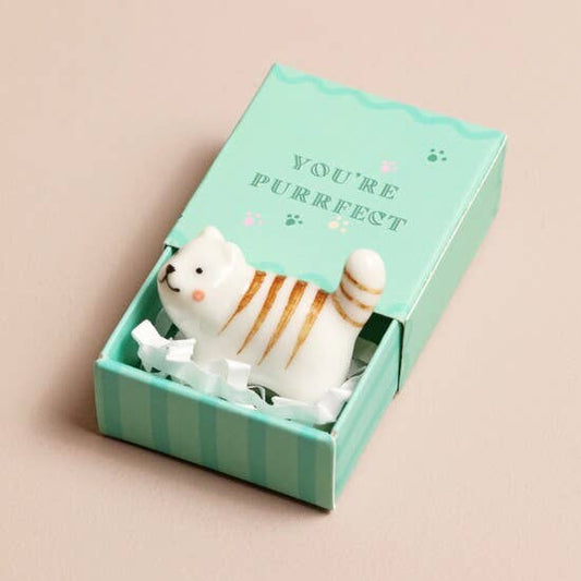 Small cat figurine in a green box with 'You're Purreft' text on a beige background