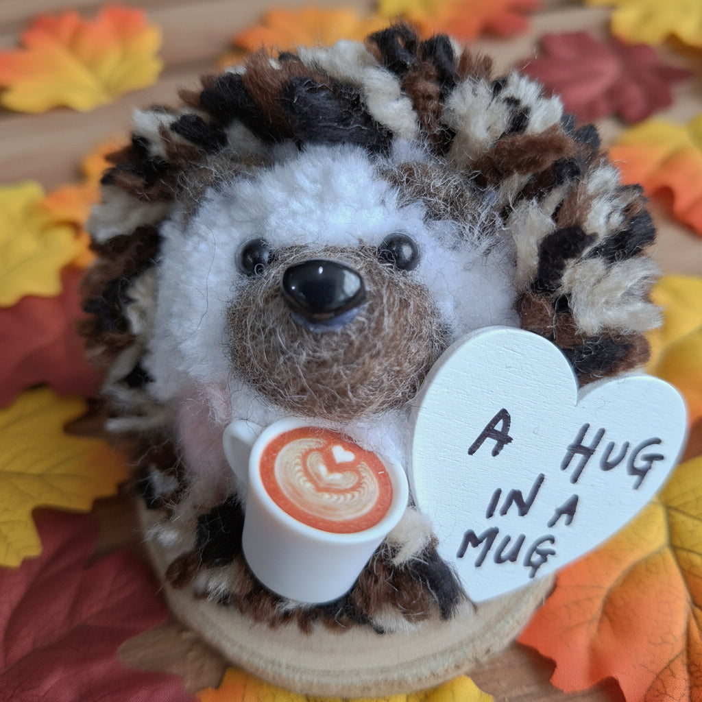 Hedgehog plush ornament with a mug and 'Hug a Mug' sign on a wooden surface