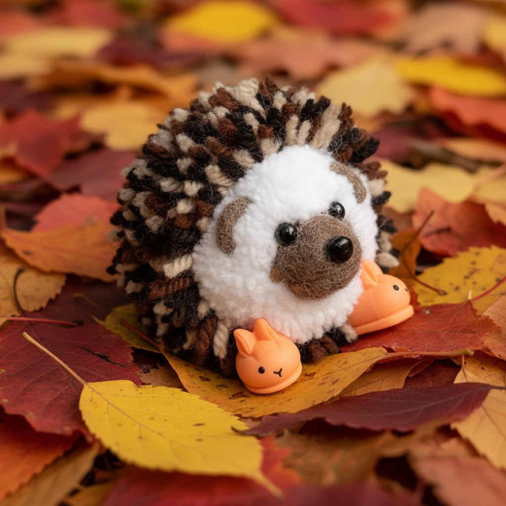 Hedgehog-shaped figurine with a small orange slippers on a wooden surface