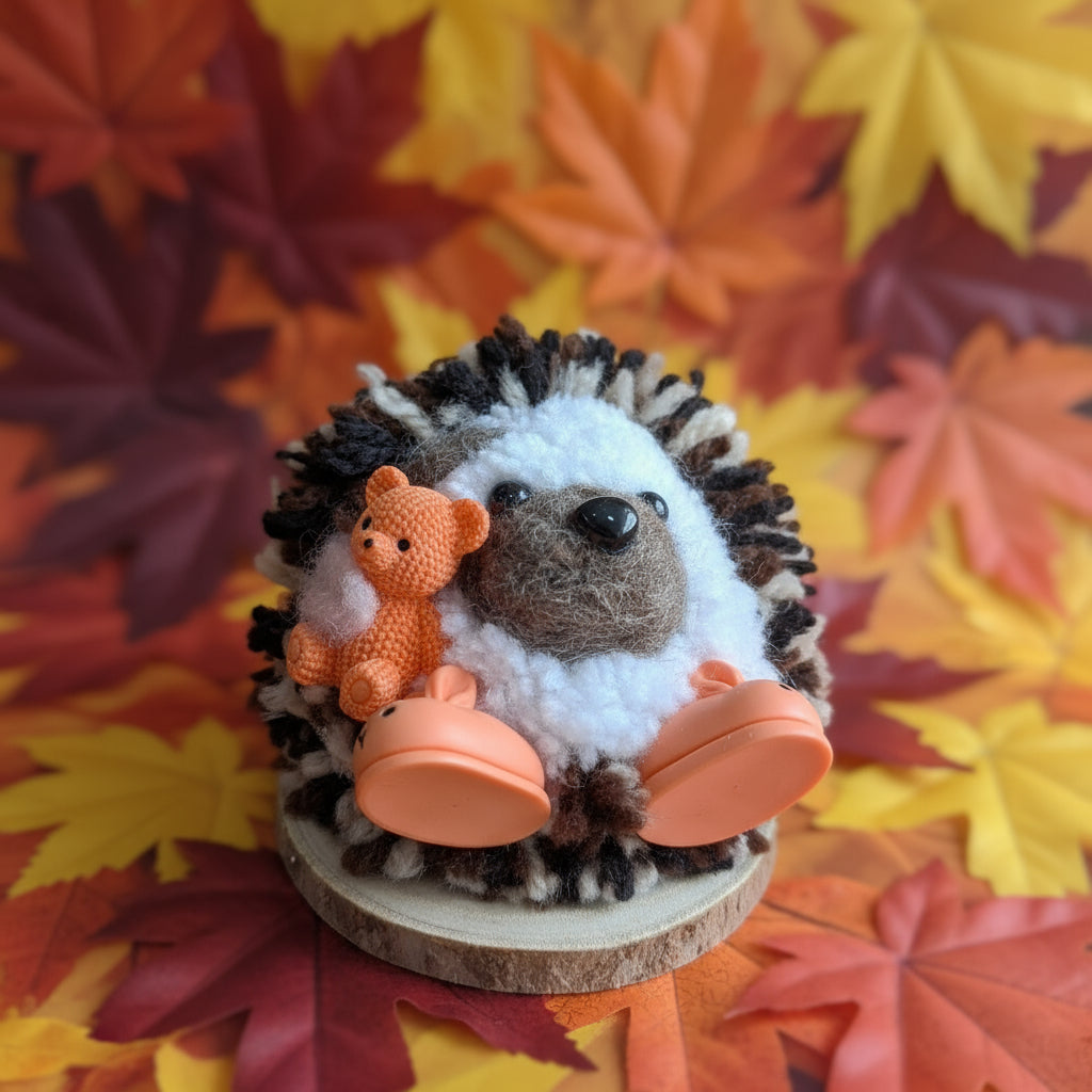 Small hedgehog figurine with a teddy and a duck on top of a textured surface