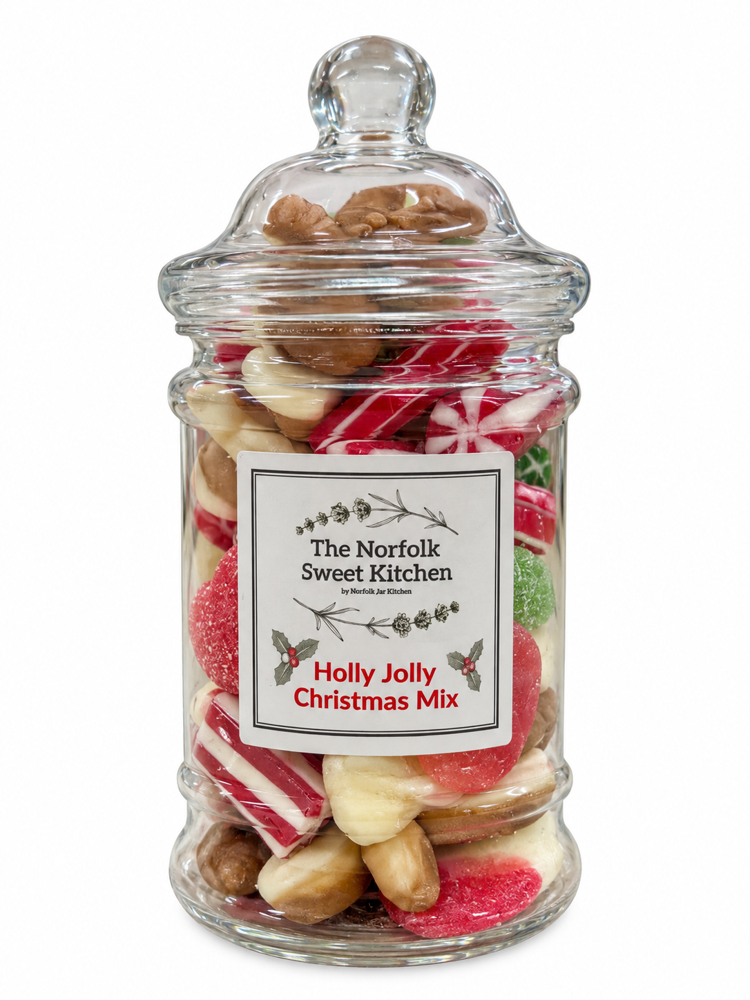 Holly Jolly Christmas Mix sweets in a clear Victorian-style jar with a festive Norfolk Sweet Kitchen label
