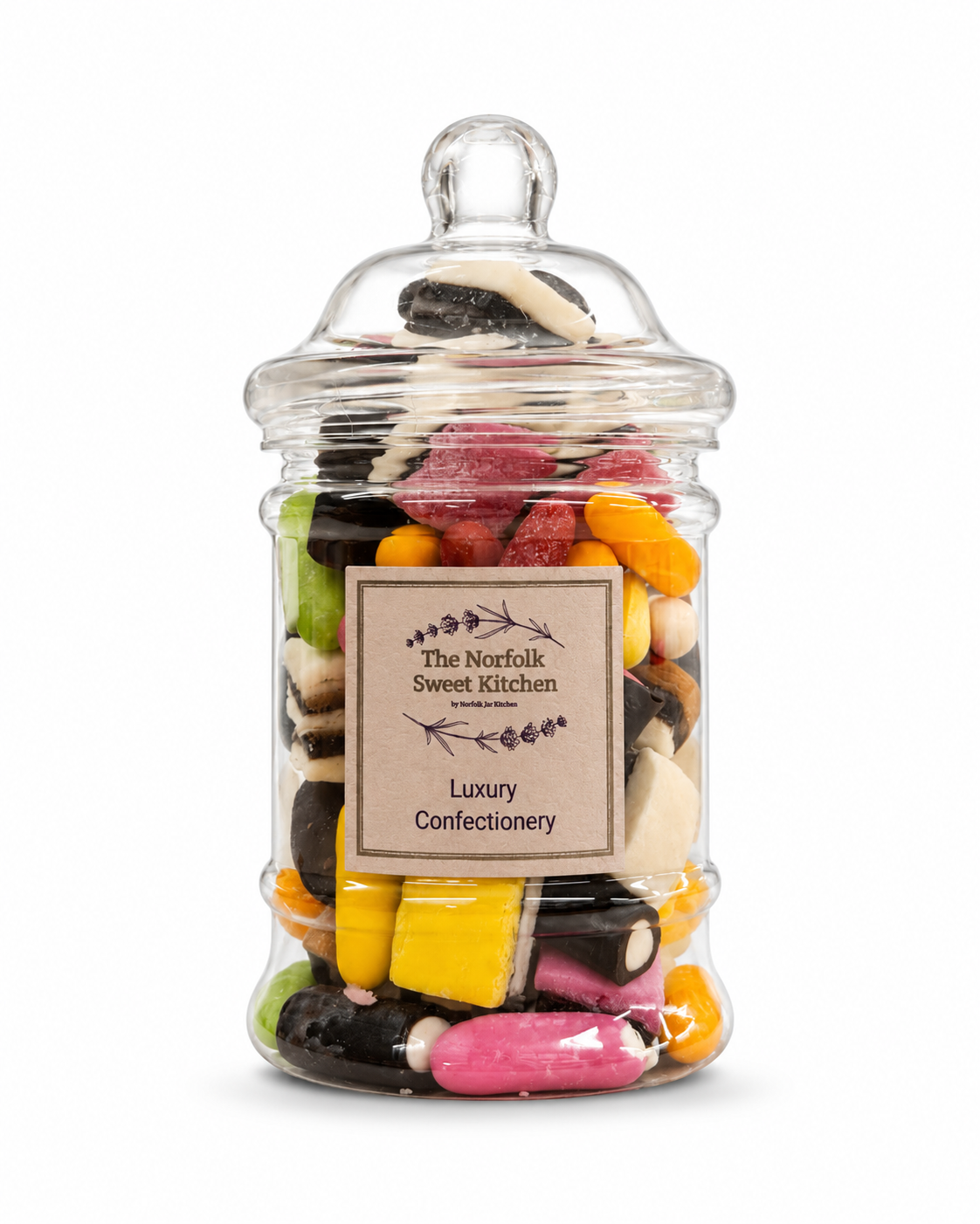Colourful liquorice allsorts in a clear lidded Victorian-style jar with The Norfolk Sweet Kitchen label