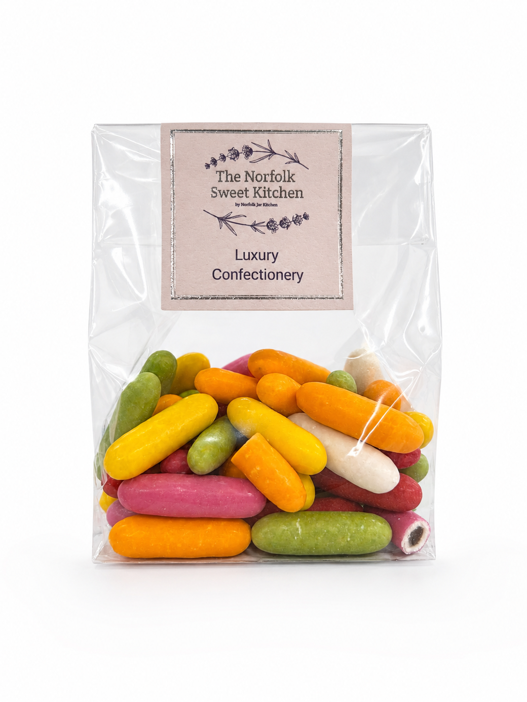 Colourful liquorice comfits in a clear 125g bag with The Norfolk Sweet Kitchen label