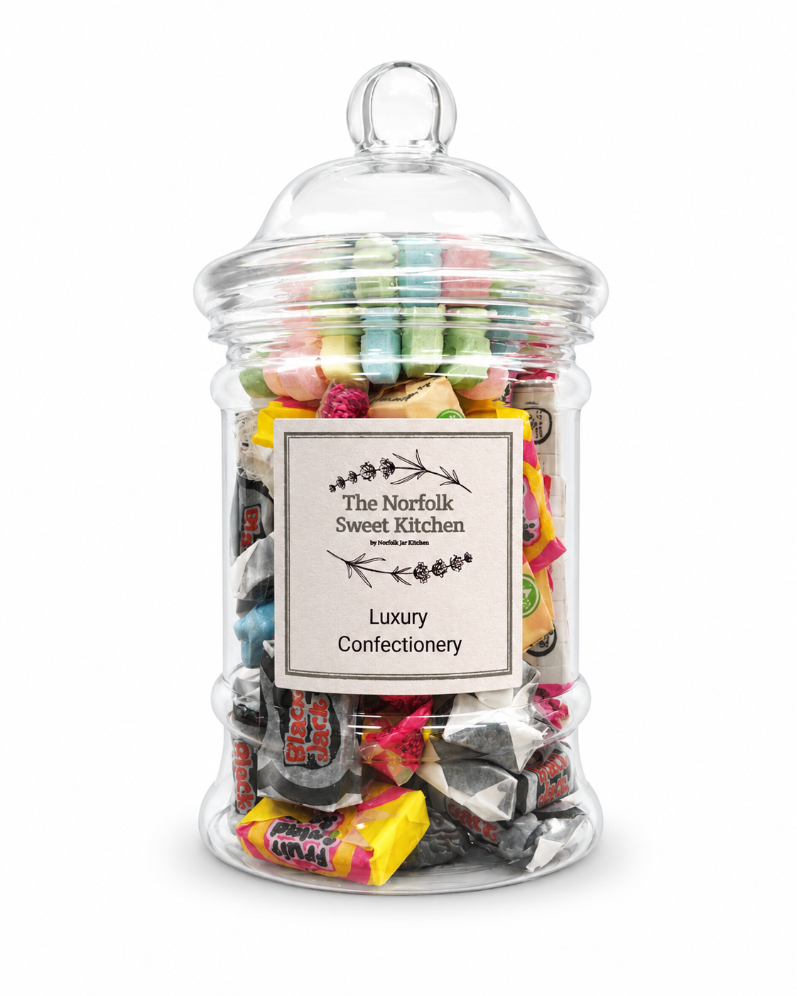 Colourful retro sweets in a clear lidded Victorian-style jar with The Norfolk Sweet Kitchen label