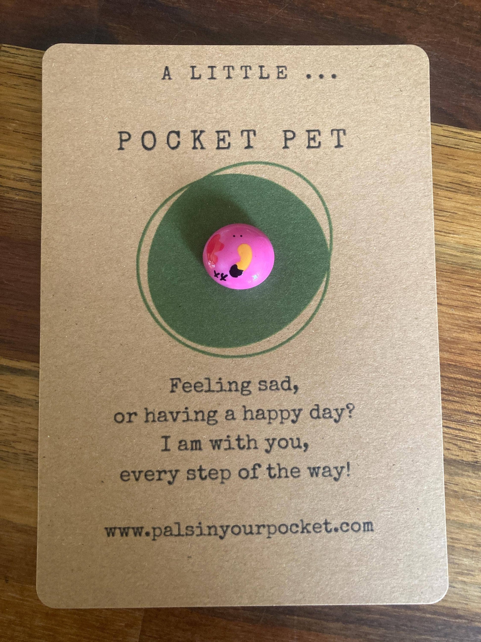 Pocket pet charm on a card with text 
