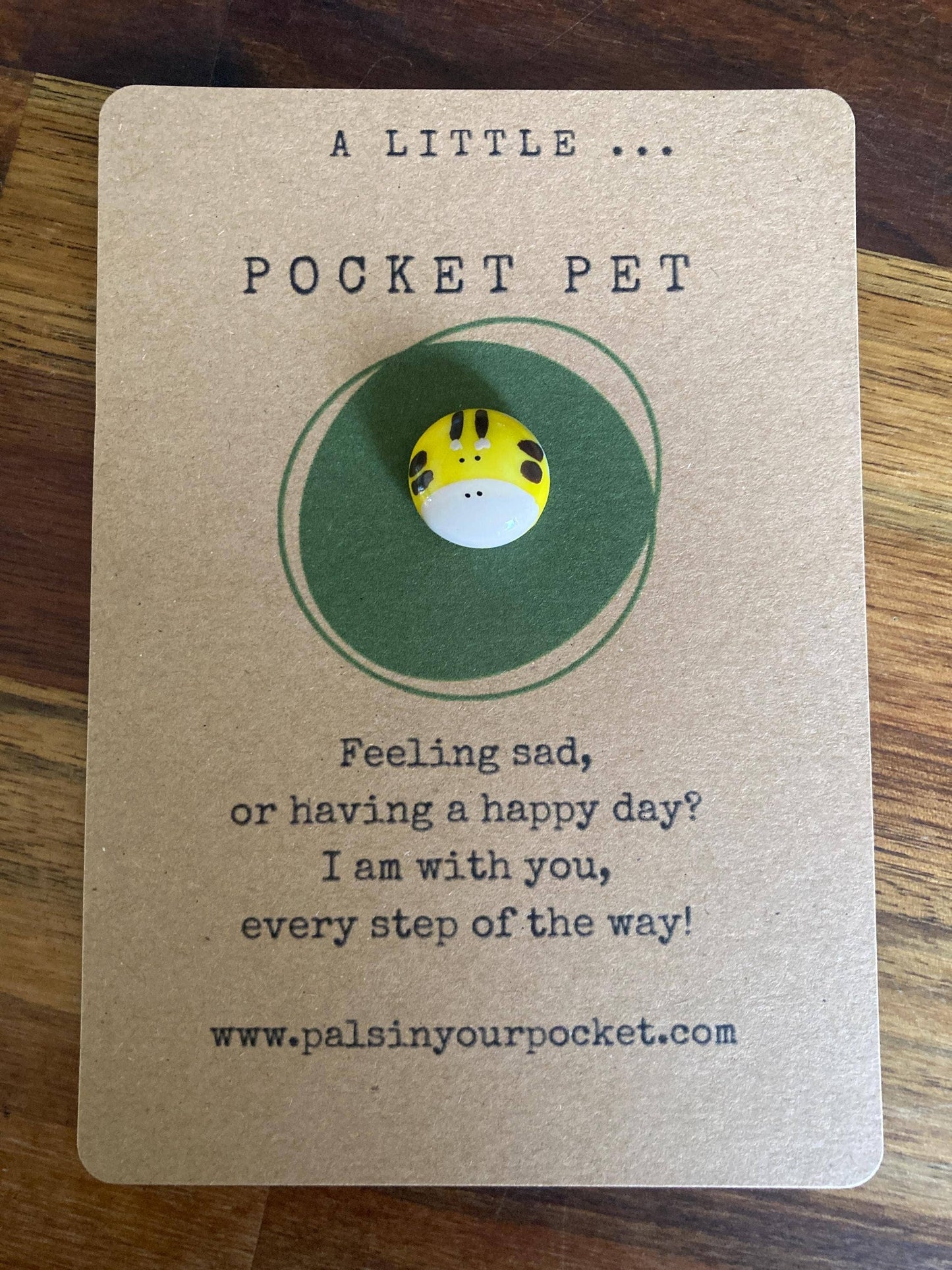 Card with a small round pocket pet on a wooden surface