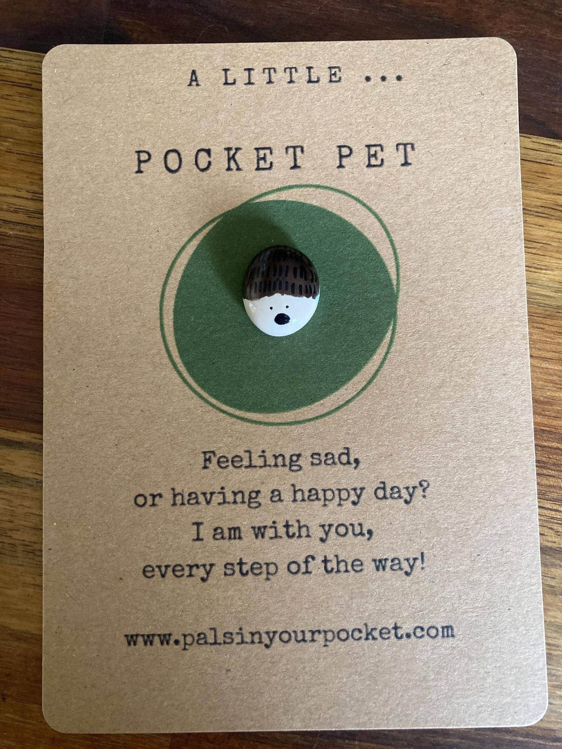 Pocket pet button on a card with text 