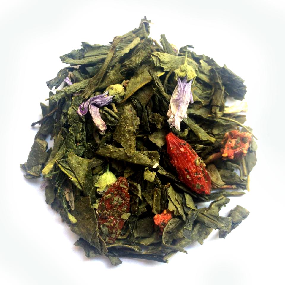 Loose leaf Robin Hood’s Brew green tea with goji berries, strawberry pieces and flower petals