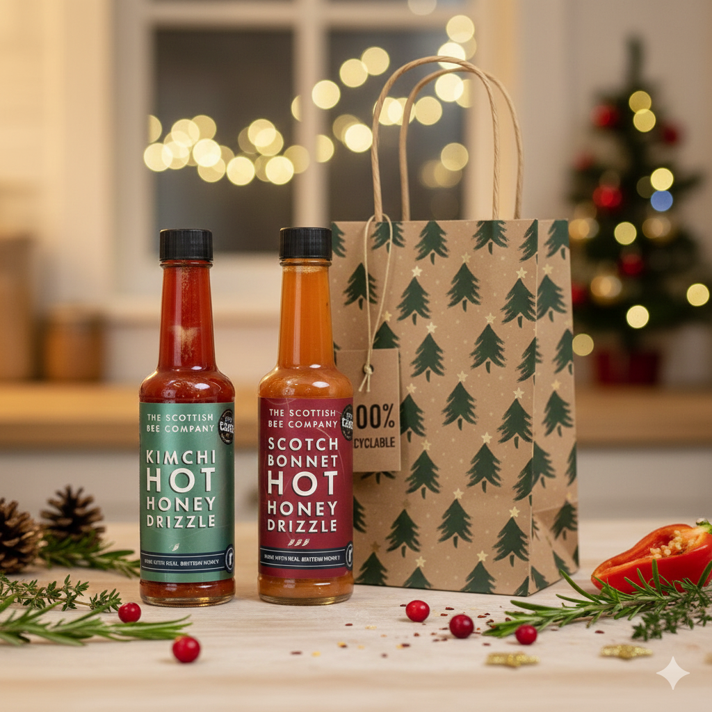 Two bottles of Scottish Bee Company hot honey drizzle with a gift bag on a festive background.