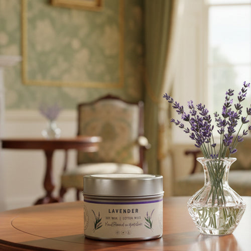 Lavender candle and vase on a table with a blurred background