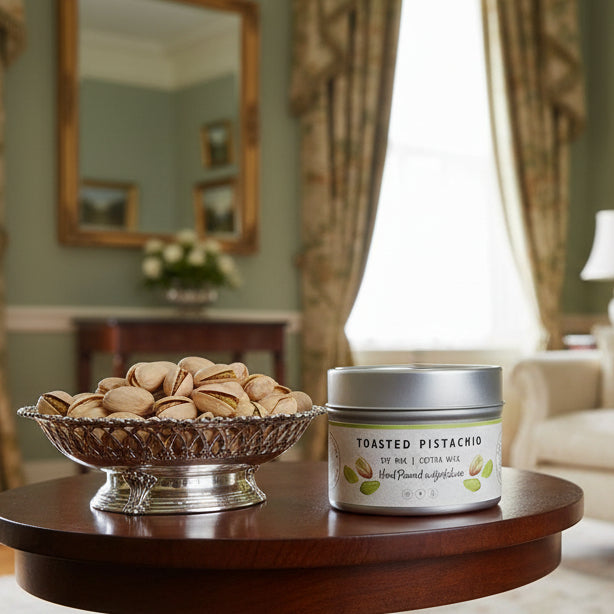 Candle tin labeled 'Toasted Pistachio' on regency table