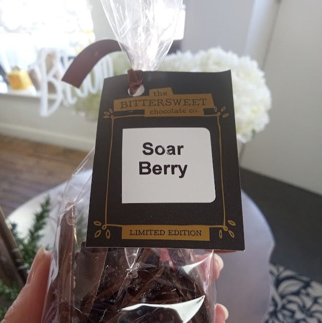Packaged chocolate discs labeled 'Soar Berry' with a visible brand tag.