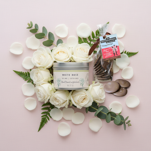 The Botanical Blush Gift Set - White Rose Candle and Geranium Rose Chocolates