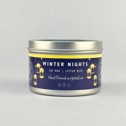 Winter Nights soy wax candle tin with navy and gold label, hand-poured in Yorkshire by The Yorkshire Candle Company