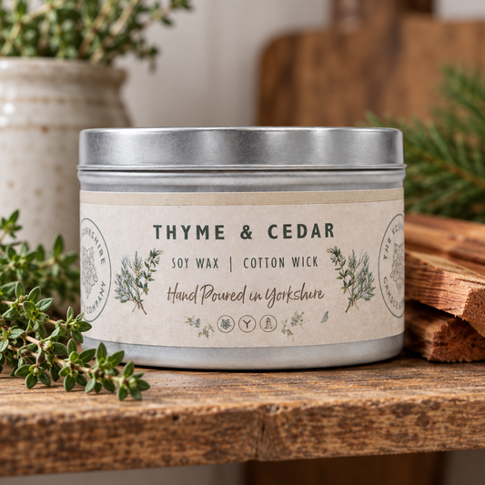 Thyme and Cedar candle lifestyle photo