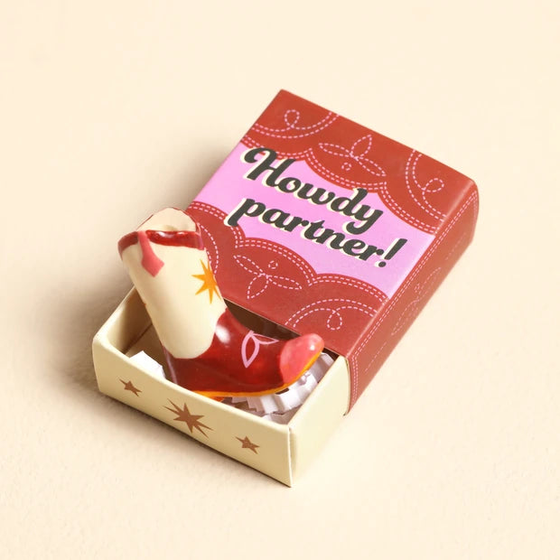 Tiny ceramic cowboy boot matchbox token, alternative to East of India gifts, handmade pocket keepsake