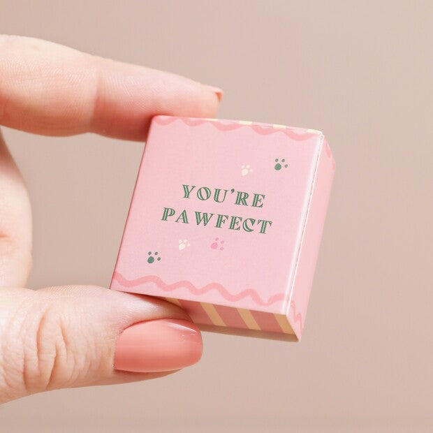 Pink square box with 'YOU'RE PAWFECT' text held by a hand against a beige background