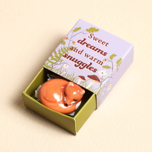 Tiny ceramic fox matchbox token, alternative to East of India gifts, woodland pocket keepsake