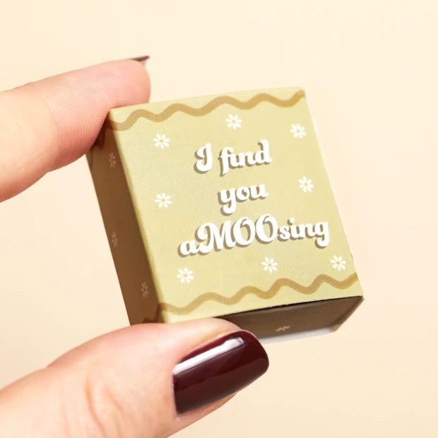 Lisa Angel ceramic Highland cow token in a sage green matchbox with I Find You aMOOsing on the lid