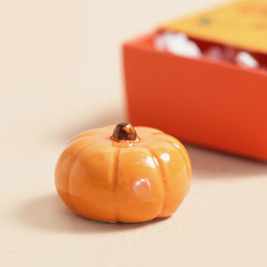Small orange pumpkin on a beige surface with an orange box in the background.