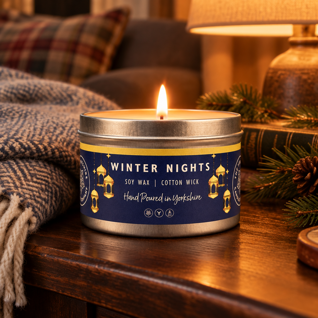 Winter Nights candle in a cosy winter setting
