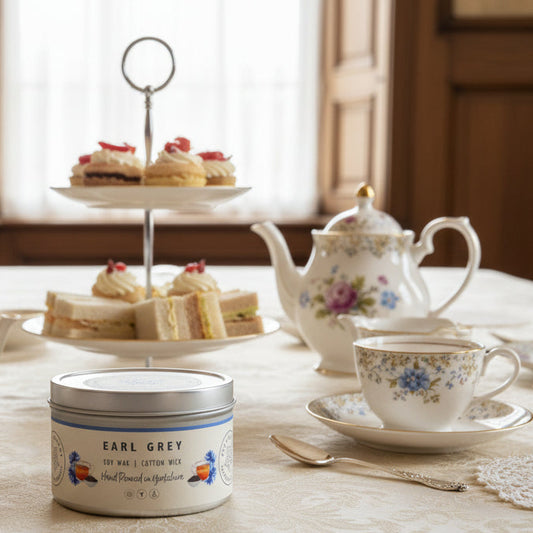 Candle tin labeled 'Earl Grey' with a white background