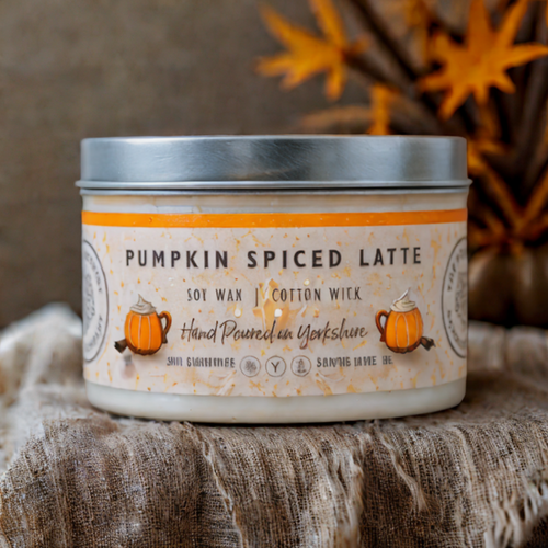 Pumpkin spiced latte autumn scented candle with cinnamon clove nutmeg